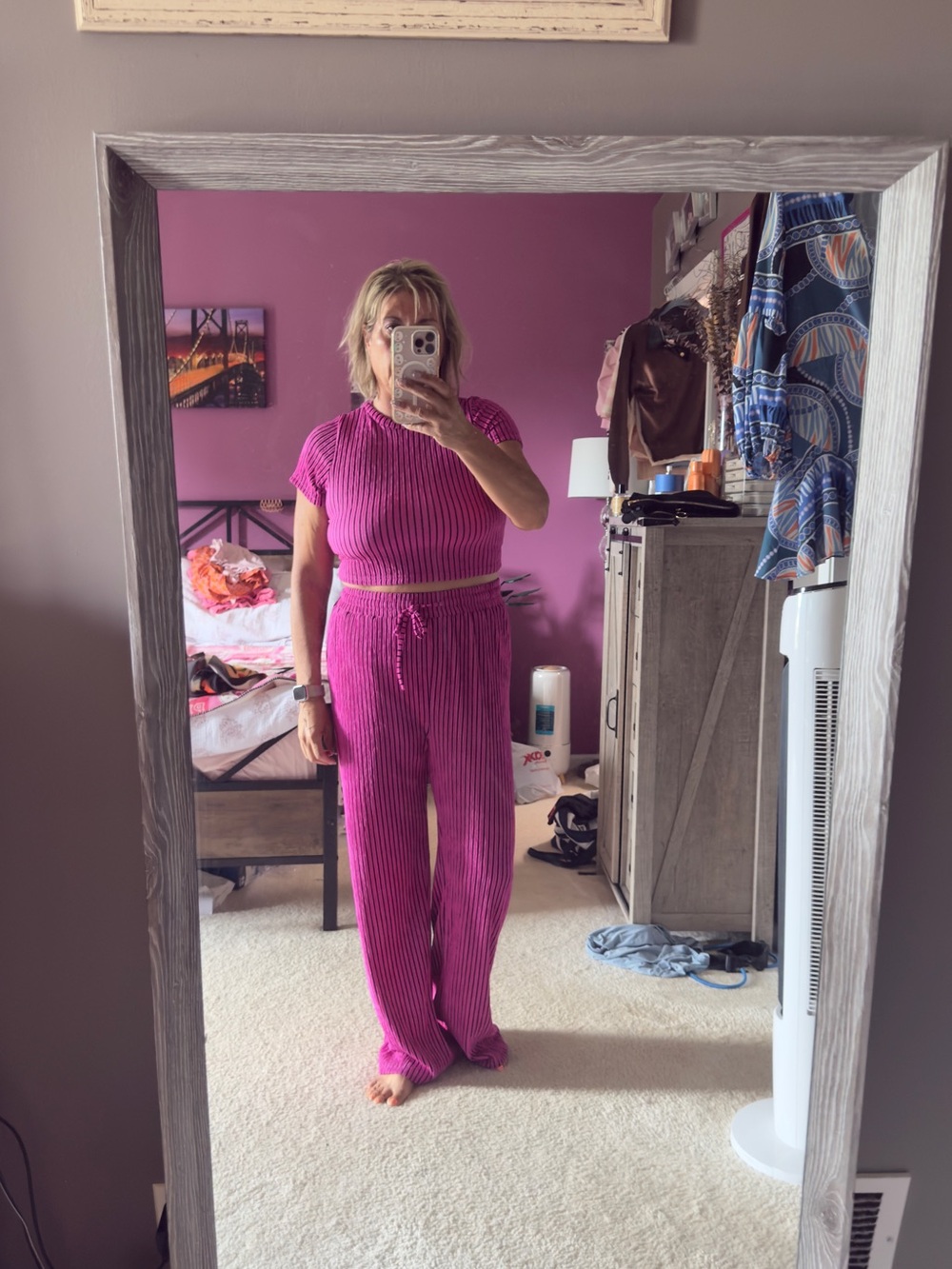 Women's Ribbed Knit Two-Piece Set - Fuchsia and black striped